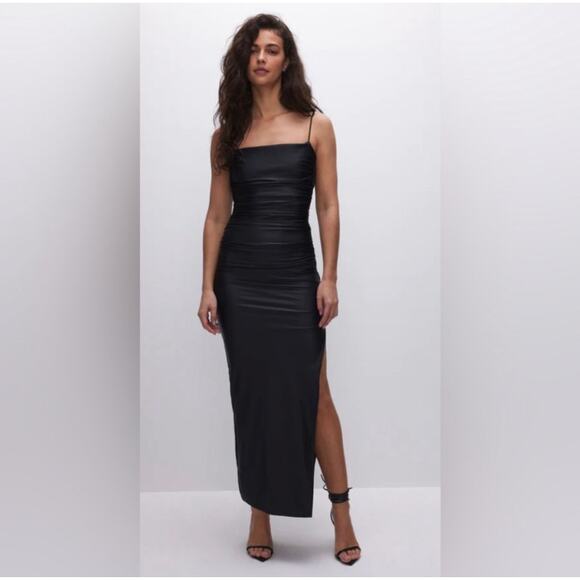 GOOD AMERICAN Ruched Satin Slip Maxi Dress Black, Size 2/Medium - Picture 1 of 16